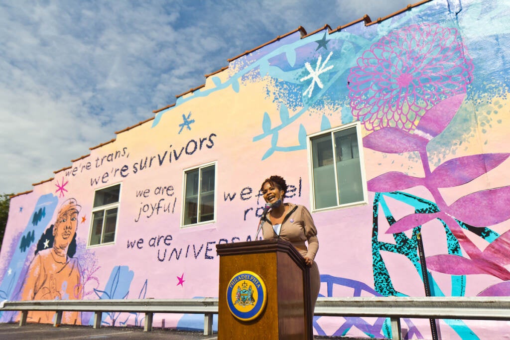 Monica Rivera, alumni of Morris Home, sang This Place, by Tamela Mann, at the mural dedication of We Are Universal to Philadelphia’s trans community