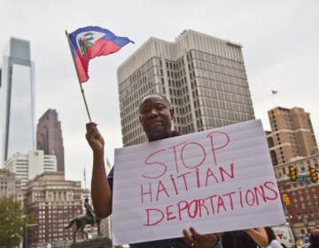 Joel Leon protested in solidarity with Haitians at the border and against the Biden administration’s deportation of Haitian asylum-seekers at City Hall in Philadelphia