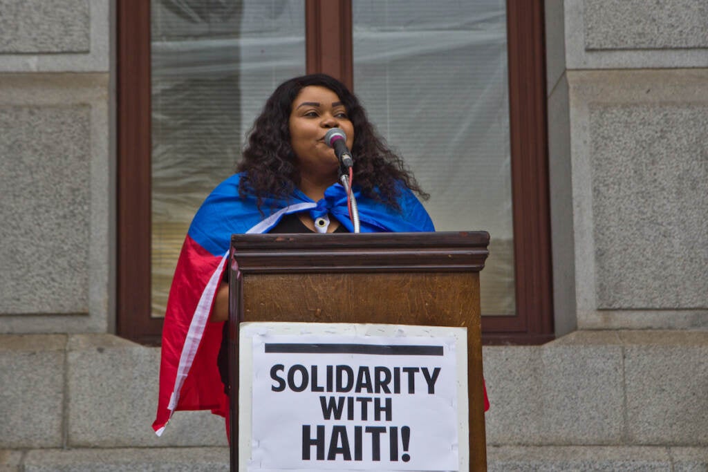 Marline Idopcil hosted a protest in solidarity with Haitians at the border and against the Biden administration’s deportation of Haitian asylum-seekers at City Hall in Philadelphia