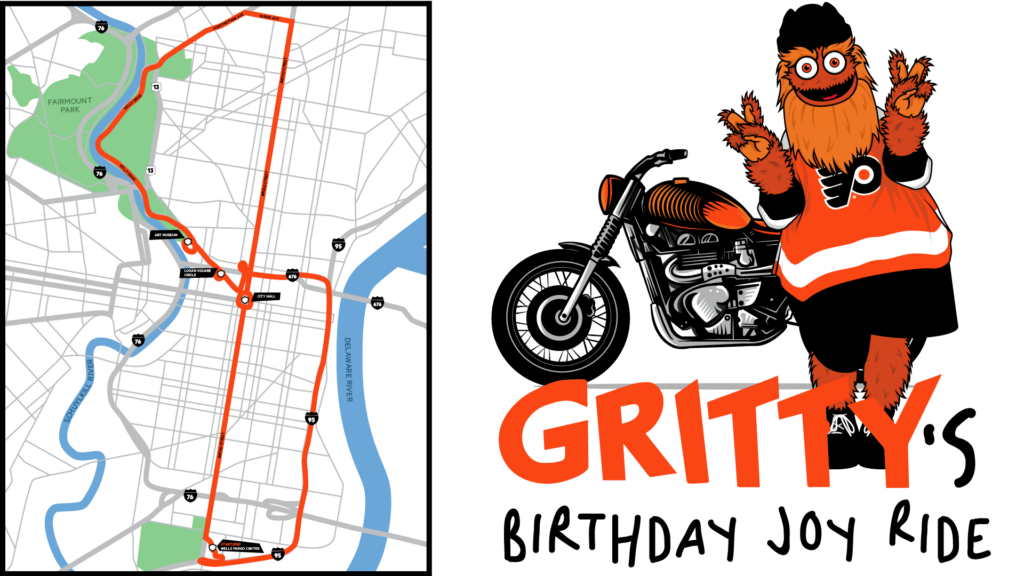 A map illustrates the expected route for Gritty's celebratory birthday ride. 