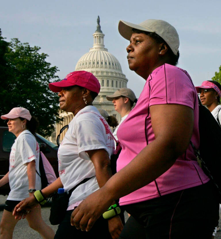 Participants in the Avon Breast Cancer Walk pass the Capitol in Washington