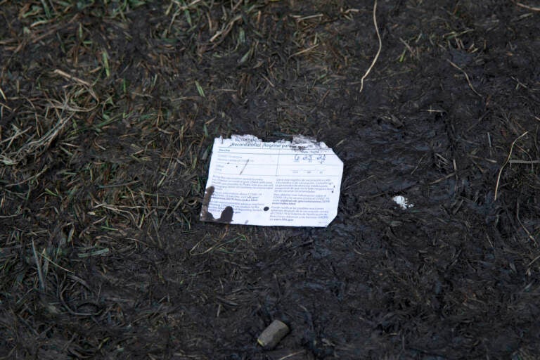 A lost and muddy COVID-19 vaccine card is seen on the ground during day two of the Lollapalooza Music Festival