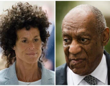 This combination of file photos shows Andrea Constand, left, walking to the courtroom during Bill Cosby's sexual assault trial June 6, 2017, at the Montgomery County Courthouse in Norristown, Pa.; and Bill Cosby, right, arriving for his sexual assault trial June 16, 2017, at the Montgomery County Courthouse in Norristown, Pa.  (AP Photo/Matt Rourke, File)