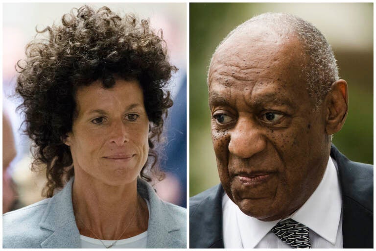 This combination of file photos shows Andrea Constand, left, walking to the courtroom during Bill Cosby's sexual assault trial June 6, 2017, at the Montgomery County Courthouse in Norristown, Pa.; and Bill Cosby, right, arriving for his sexual assault trial June 16, 2017, at the Montgomery County Courthouse in Norristown, Pa.  (AP Photo/Matt Rourke, File)