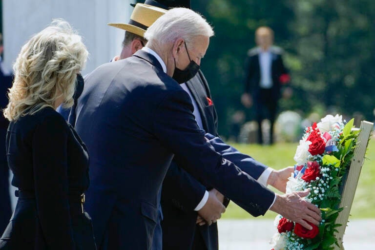 President Joe Biden and first lady Jill Biden lay a wreath at the Wall of Names during a visit to the Flight 93 National Memorial in Shanksville, Pa., Saturday, Sept. 11, 2021