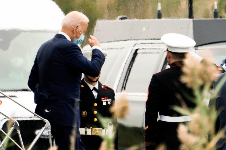 President Joe Biden disembarks Marine One upon arrival at the Gordons Pond in Rehoboth Beach, Del., Friday, Sept. 17, 2021