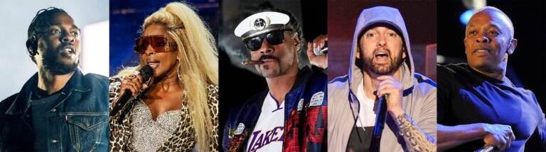 This combination of photos shows, from left, Kendrick Lamar, Mary J. Blige, Snoop Dogg, Eminem and Dr, Dre, who will perform for the first time together on stage at the 2022 Pepsi Super Bowl Halftime Show. NFL, Pepsi and Roc Nation announced Thursday that the five music icons will perform on Feb. 13 at SoFi Stadium in Inglewood, Calif.