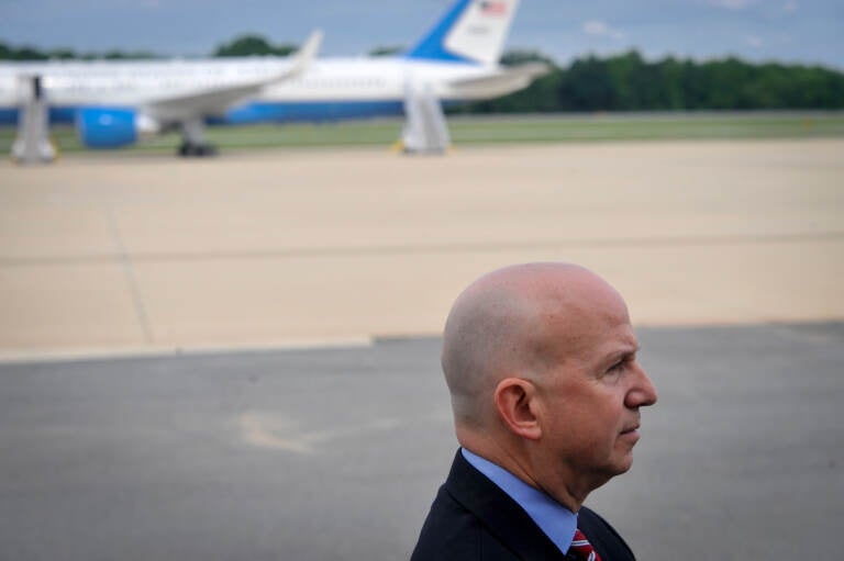 Then-Delaware Gov. Jack Markell awaits the arrival of President Barack Obama on Air Force One at New Castle Air National Guard Base in New Castle, Del., Saturday, June 6, 2015, before attending a funeral for Beau Biden. (AP Photo/Emily Varisco)