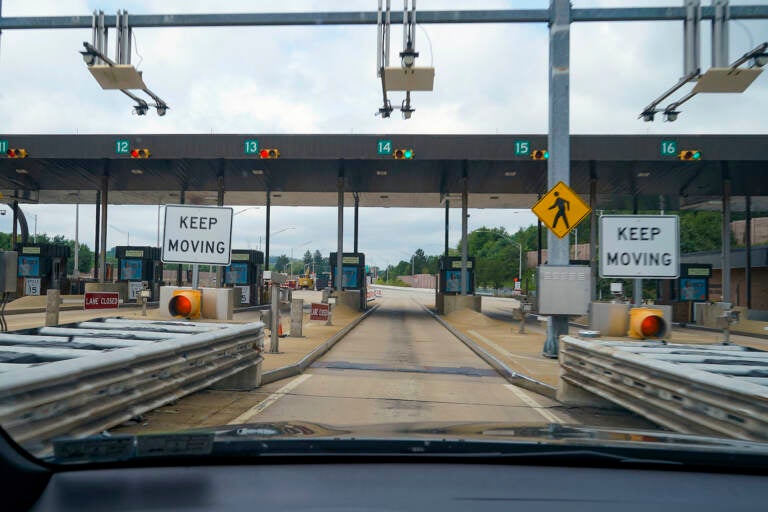 Sensors and lights are seen at the west bound toll gate of the Pennsylvania Turnpike