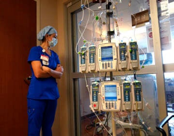 Beth Springer looks into a patient's room in a COVID-19 ward