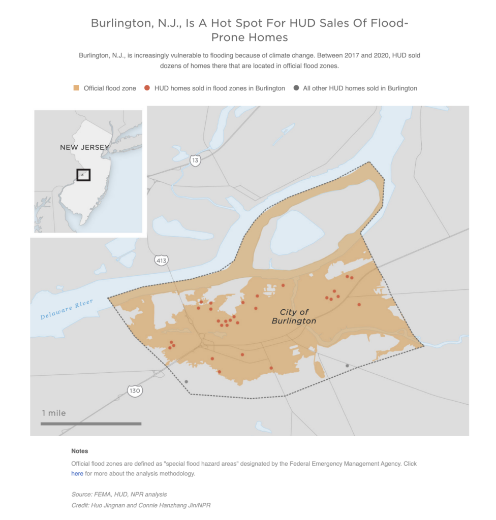 A map shows the Baton Burlington County, New Jersey, is a hot spot for HUD sales of flood-prone homes