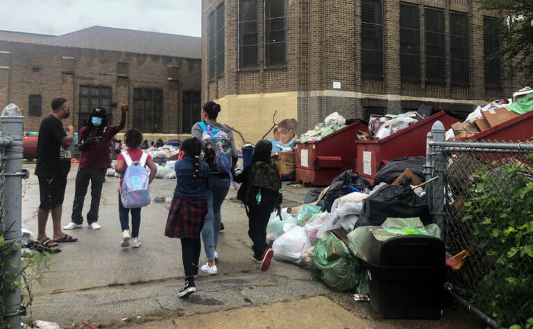 Carnell students and parents entering the schoolyard on Thursday.