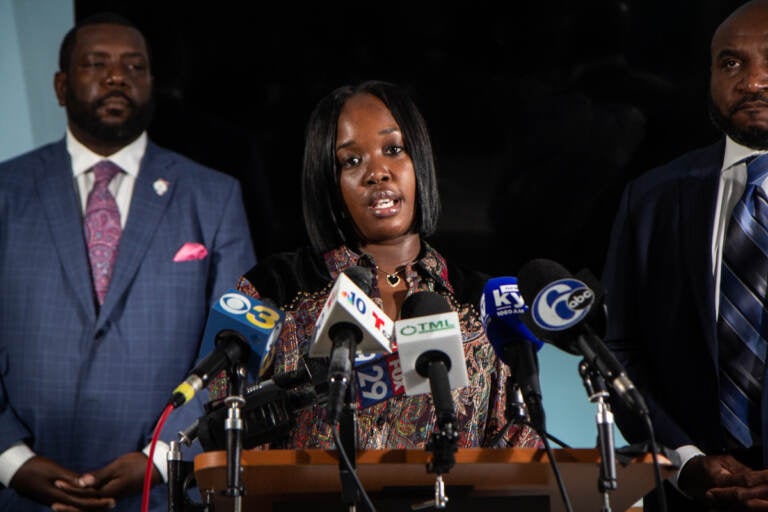 Rickia Young talked about the emotional damages at a press conference announcing the pre-settlement at the Mincey Fitzpatrick Ross law firm on September 14, 2021. (Kimberly Paynter/WHYY)