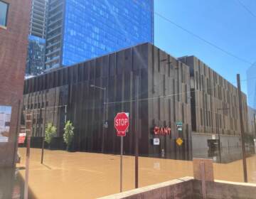 The Riverwalk development opened on the Schuylkill River in Logan Square this year. It flooded in Ida’s aftermath. (Ryan Briggs / WHYY)