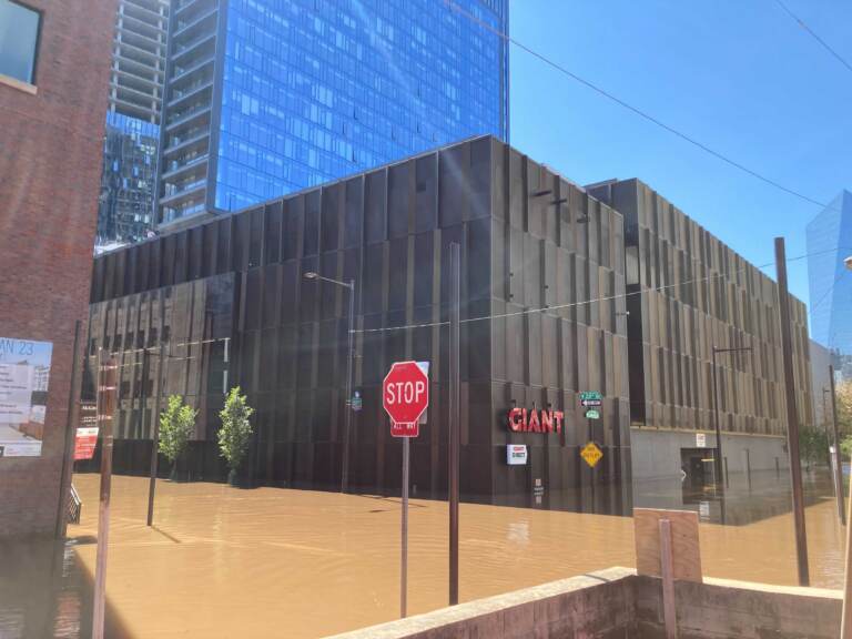 The Riverwalk development opened on the Schuylkill River in Logan Square this year. It flooded in Ida’s aftermath. (Ryan Briggs / WHYY)