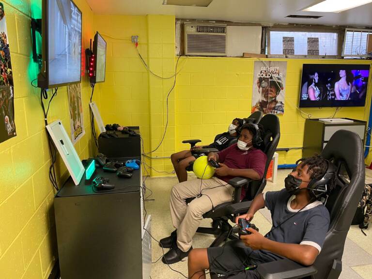 From left: Daniel Legg (12), Bryheem Leach (13), and Matthew Douglass (12) play in the new Christy Rec Center