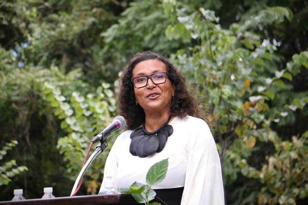 Wife of celebrated broadcaster Ed Bradley, Patricia Blanched, speaks at the unveiling of a historical marker honoring her late husband