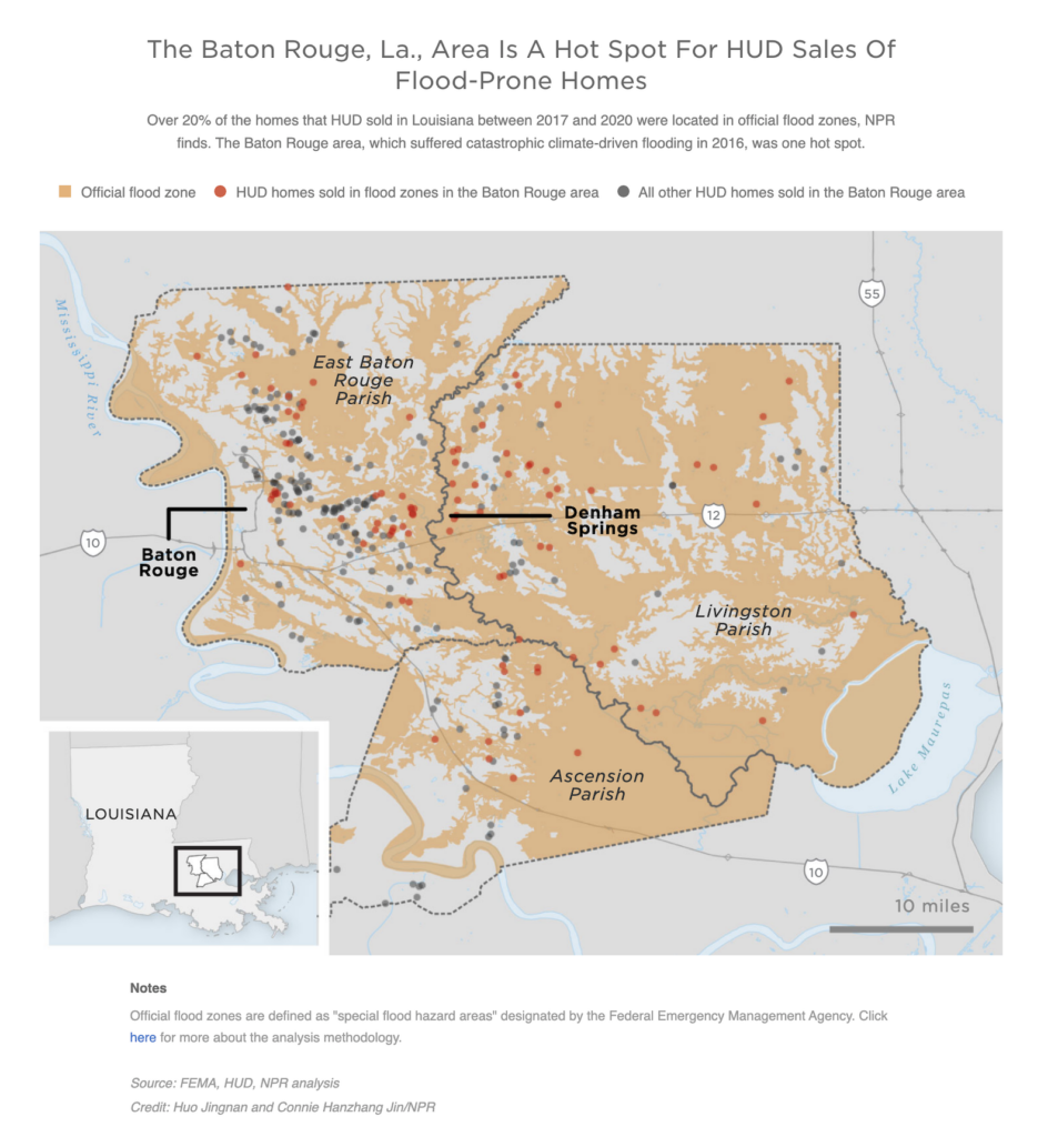 A map shows the Baton Rouge area is a hot spot for HUD sales of flood-prone homes