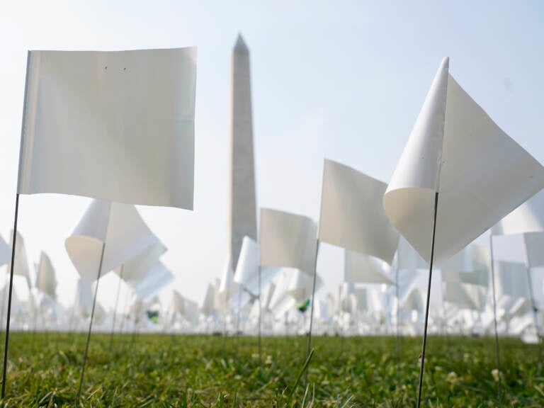 White flags stand near the Washington Monument on Tuesday. The flags, which will number more than 630,000 when the temporary art installation on the National Mall is completed, are part of artist Suzanne Brennan Firstenberg's In America: Remember, honoring Americans who have died of COVID-19. (Patrick Semansky/AP)