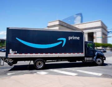 An Amazon truck drives in in Philadelphia