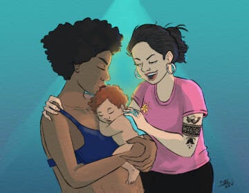 An illustration of a couple holding a baby.