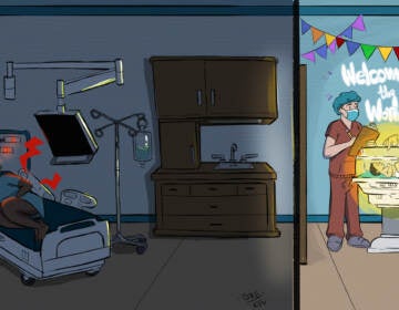 An illustration shows a patient of color writhing in pain on a hospital bed to the left, while doctors tend dotingly to a newborn on the right