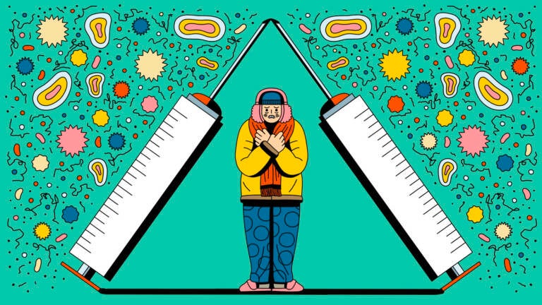 An illustration of a person standing beneath two syringes, filled with different remedies