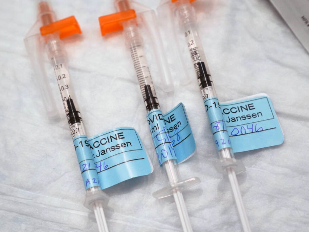 Doses of the Johnson & Johnson Janssen Covid-19 vaccine are seen at a vaccination clinic
