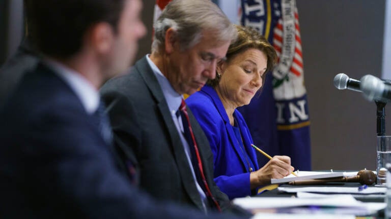 U.S. Sen. Amy Klobuchar (D-MN) takes notes during a U.S. Senate Rules Committee Georgia Field Hearing