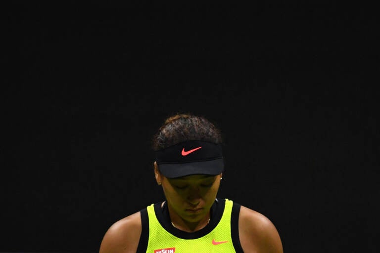 Naomi Osaka reacts during her 2021 U.S. Open women's singles third round match against Leylah Fernandez