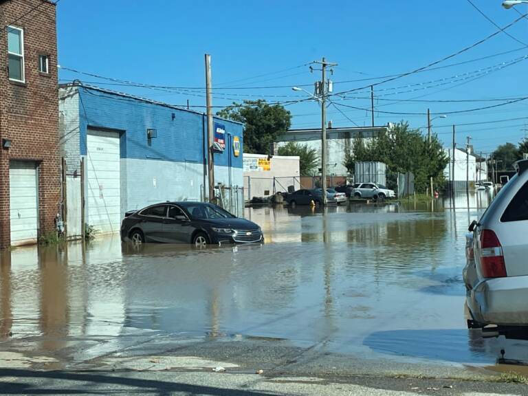 File photo: The floodwaters spread to blocks off Northeast Boulevard in Wilmington when the remnants of Hurricane Ida hit the region. (Cris Barrish/WHYY)