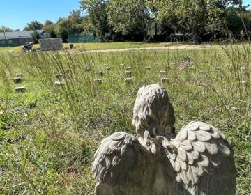 A stone angel stands amid the numbered graves in the Spiral Cemetery