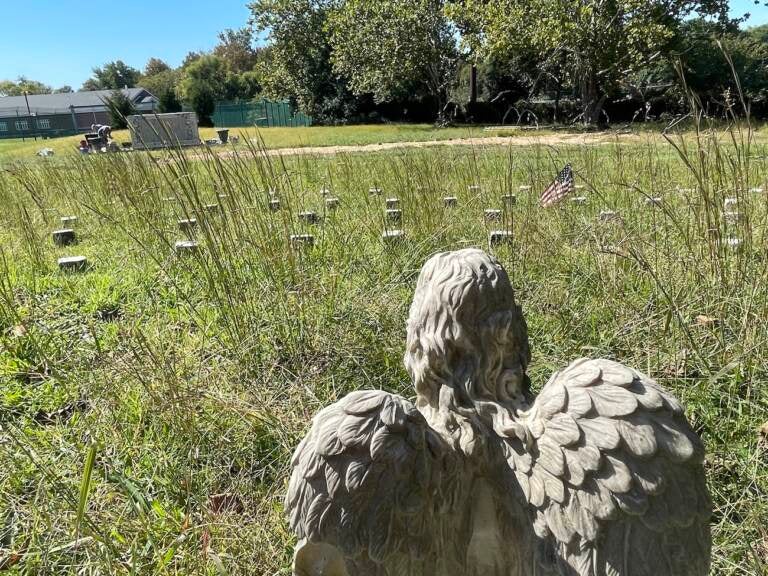 A stone angel stands amid the numbered graves in the Spiral Cemetery