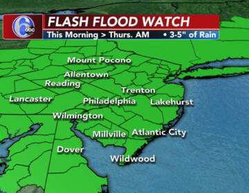 A weather map shows a Flash Flood Watch in effect for the Philly region