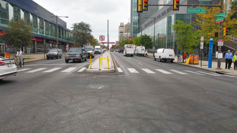 New medians shown at the intersection of N. Broad and Oxford streets. (Tom MacDonald / WHYY)