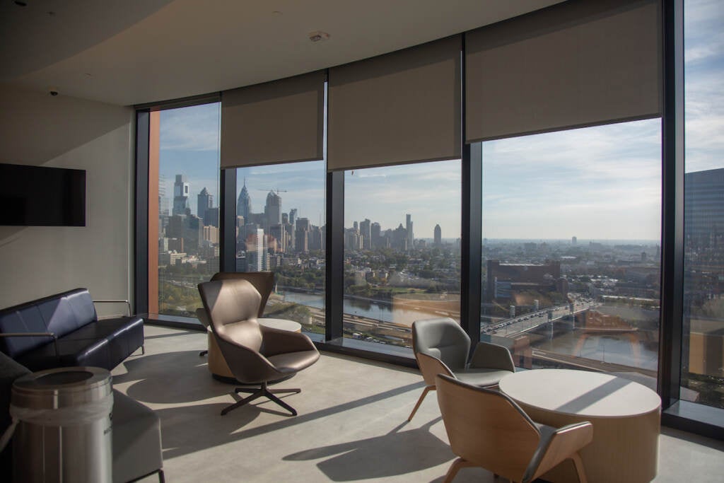 The family lounges at the new Pavilion building at the Hospital of the University of Pennsylvania have bright big windows that overlook the city and comfy chairs and couches to help with the waiting