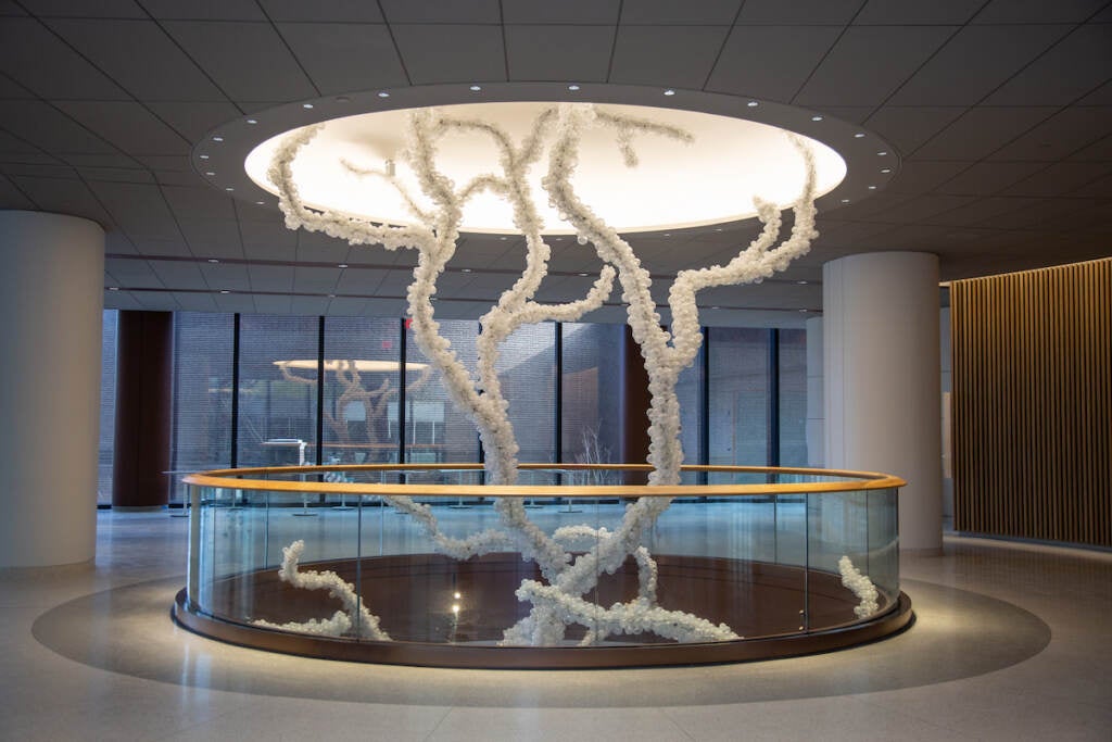 A sculpture by artist Maya Lin stands up through the second floor of the new Pavilion building at the Hospital of the University of Pennsylvania