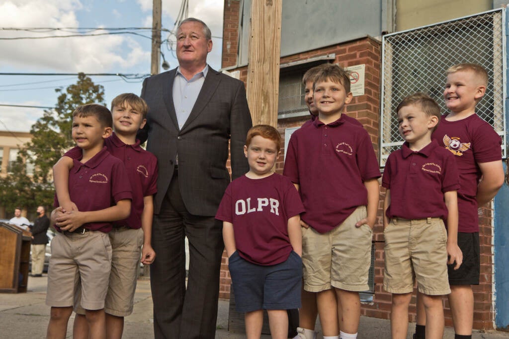 Philadelphia Mayor Jim Kenney posed with students from Our Lady of Port Richmond school after a ceremonial groundbreaking at Glavin playground on Sept. 30, 2021