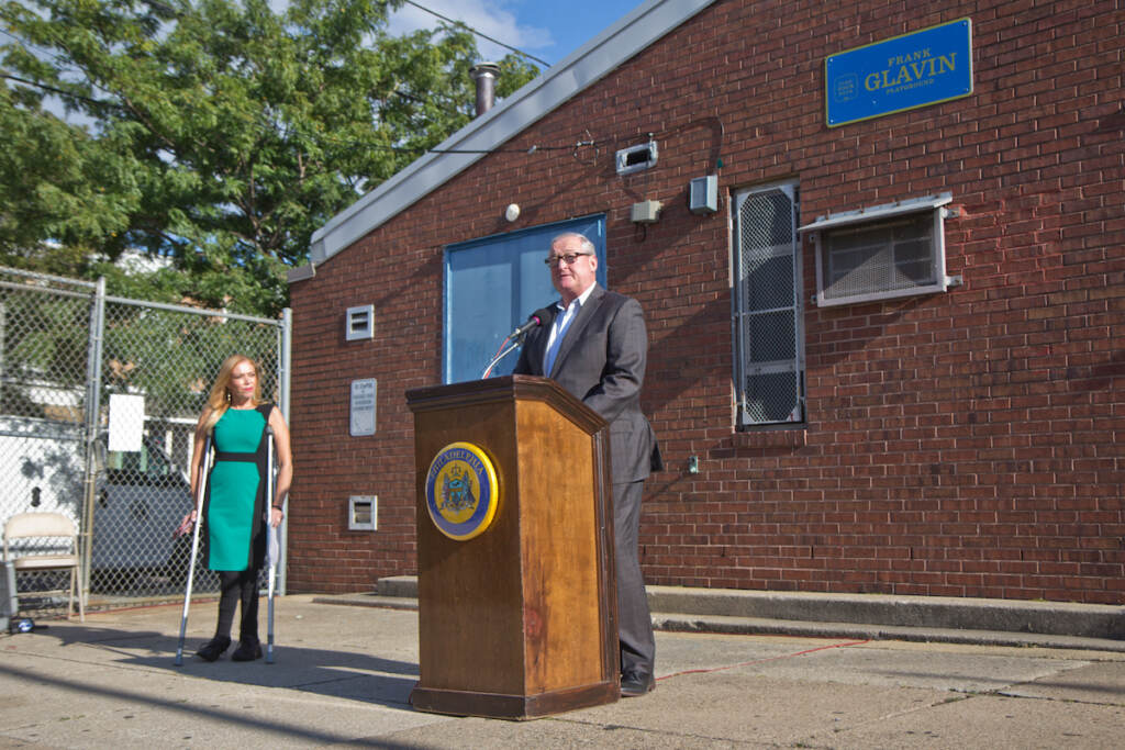 Philadelphia Mayor Jim Kenney speaks at a ceremonial groundbreaking at Glavin playground on Sept. 30, 2021.