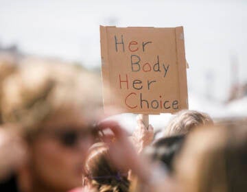 A sign is held up as marchers walk from the art museum to Philadelphia City Hall as part of an abortion rights rally held in Philadelphia, PA on Saturday, Oct. 2, 2021. Hundreds gather in Philadelphia as part of 