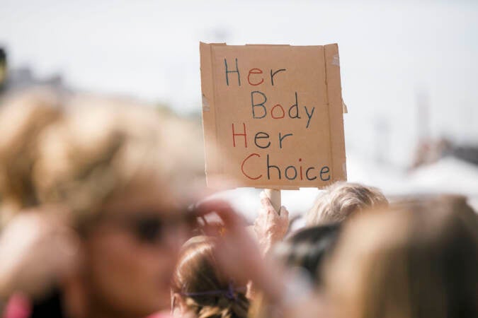 A sign is held up as marchers walk from the art museum to Philadelphia City Hall as part of an abortion rights rally held in Philadelphia, PA on Saturday, Oct. 2, 2021. Hundreds gather in Philadelphia as part of 