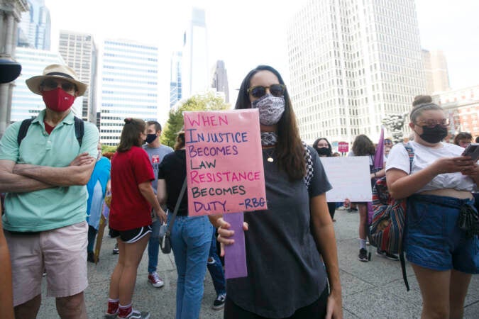 Julia Hershenber holdup a sign in front of Philadelphia City Hall during an abortion rights rally held in Philadelphia, PA on Saturday, Oct. 2, 2021. Hundreds gathered in Philadelphia as part of the 