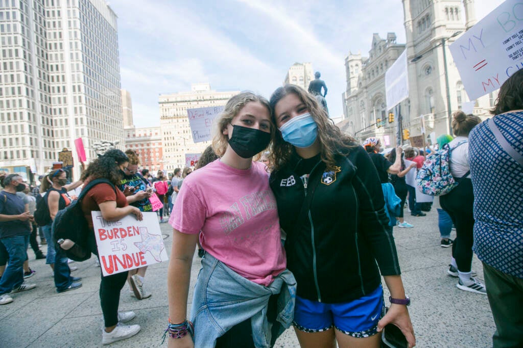 Helle Levinson, left and Elle Baker from Philadelphia pose for a picture outside Philadelphia City Hall during an abortion rights rally held in Philadelphia, PA on Saturday, Oct. 2, 2021. Hundreds gathered in Philadelphia as part of the "Bans Off Our Bodies" marches that were held across the country.