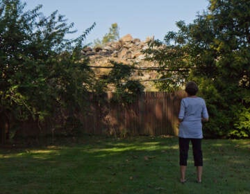 Resident Ann Gelfond stands in front of a pile of rubble behind her yard. She pointed to disturbances she’s experienced for the past few three years of construction of the Lower Merion School District’s new middle school taking place behind her house, as an indication of what the construction of athletic fields in the neighborhood would be like. (Kimberly Paynter/WHYY)