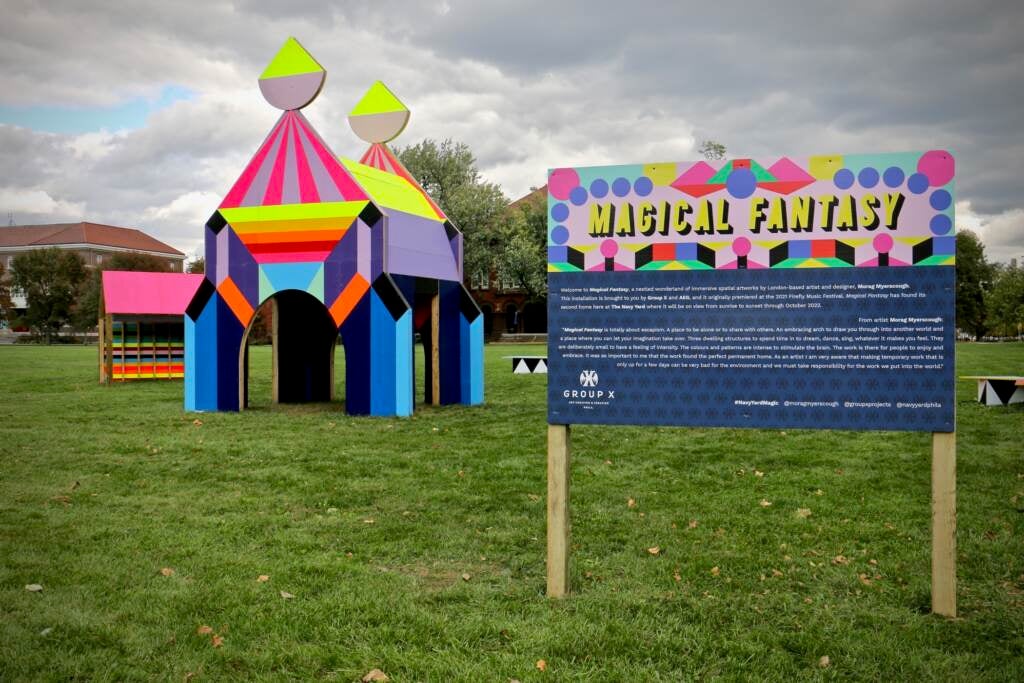 Morag Myerscough's ''Magical Fantasy'' debuted at the Firefly Music Festival. Its second installation at the Navy Yard brings it to a wider audience