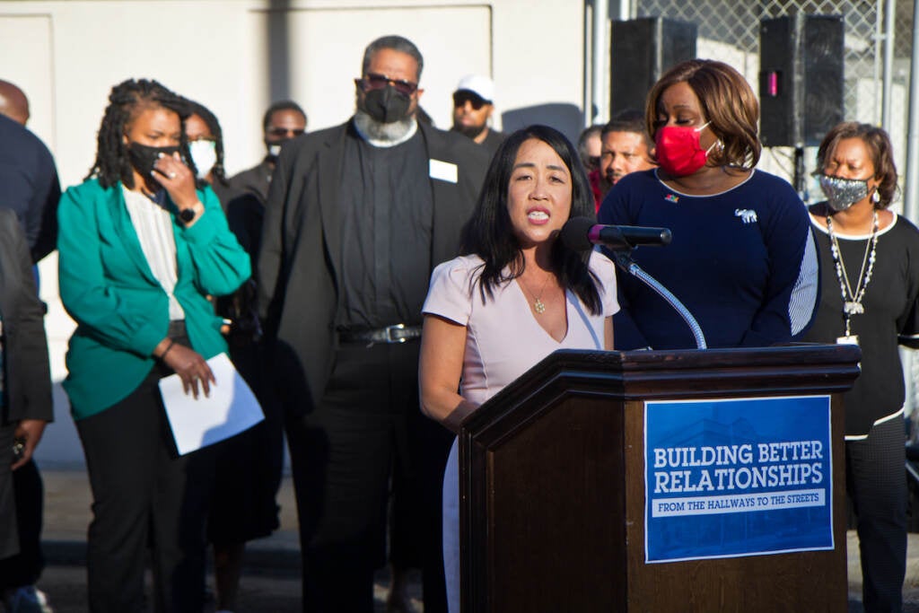 Philadelphia City Councilmember Helen Gym led a press conference demanding more support from the city to combat gun violence around district schools on October 20, 2021, a few days after a student was seriously wounded at Lincoln High School