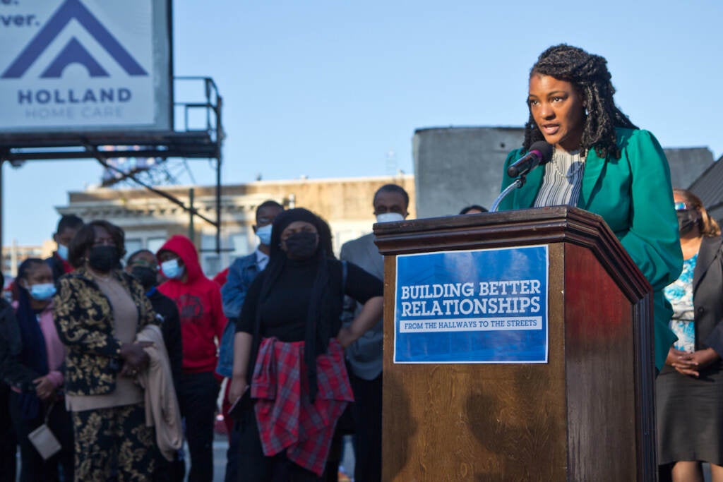 Faux Big Picture High School principal Shavonne McMillan spoke along with other Philadelphia principals about the impact of gun violence on students in the district at a press conference demanding more support from the city to combat gun violence around district schools on Oct. 20, 2021, a few days after a student was seriously wounded at Lincoln High School