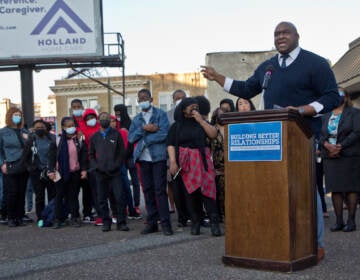 Simon Gratz High School Mastery Charter principal Le'Yondo Dunn spoke along with other Philadelphia principals about the impact of gun violence on students in the district at a press conference demanding more support from the city to combat gun violence around district schools on Oct. 20, 2021, a few days after a student was seriously wounded at Lincoln High School