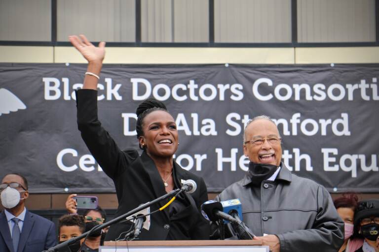 Dr. Ala Stanford speaks glowingly of Pastor Glen Spaulding of the Deliverance Evangelistic Church, who provided the space for her new medical clinic in North Philadelphia. (Emma Lee/WHYY)