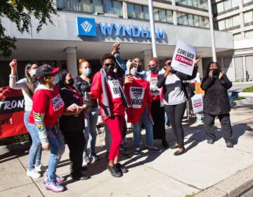 Restaurant hotel workers and Unite Here representatives chanted, “If we don’t get it, shut it down,” at a vote of union members to authorize a strike outside the Wyndham Hotel in Philadelphia on Oct. 28, 2021